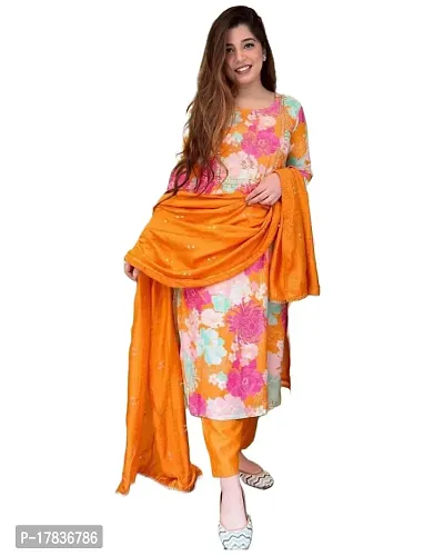 Stylish Womens Cotton Blend Embroidered Floral Printed Straight Kurta With Pant And Dupatta-thumb0