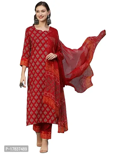 Stylish Womens Cotton Blend Floral Printed Straight Kurta With Pants And Dupatta-thumb0