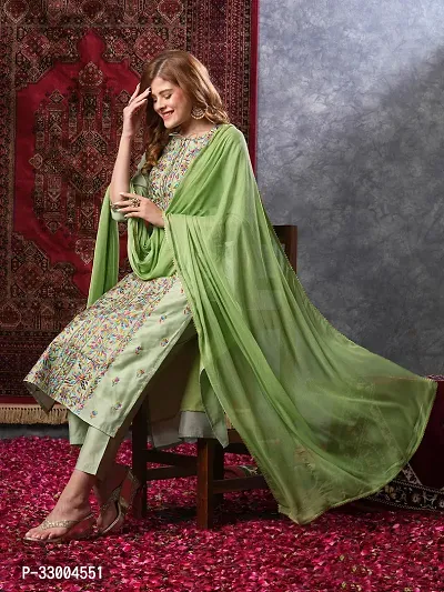 Stylish Green Rayon Embroidered Kurta Bottom and Dupatta Set For Women