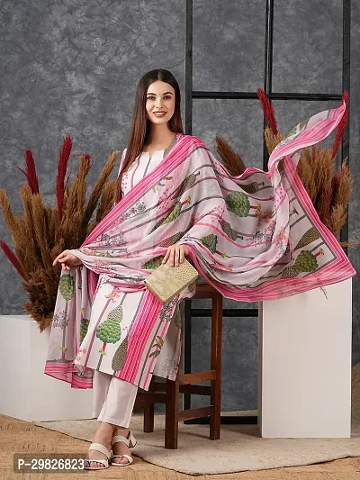 Elegant Multicoloured Printed Cotton Blend Kurta with Pant And Dupatta Set For Women