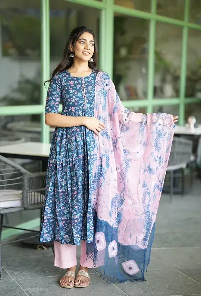 Stylish Rayon Printed Anarkali Kurtis Bottom and Dupatta Set