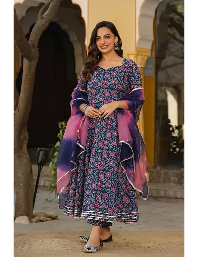 Trendy Cotton Blend Anarkali Printed Kurta with Bottom and Dupatta Set