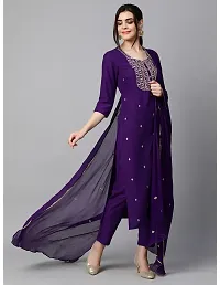 Straight Purple Embroidered Cotton Blend Kurta, Bottom and Dupatta Set For Women-thumb2