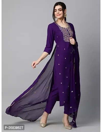Straight Purple Embroidered Cotton Blend Kurta, Bottom and Dupatta Set For Women-thumb3