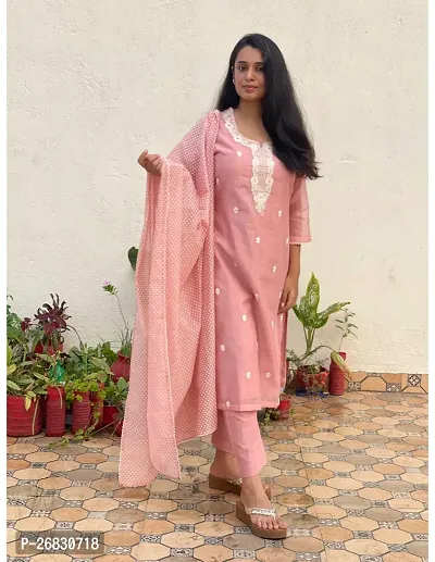 Straight Pink Embroidered Cotton Blend Kurta, Bottom and Dupatta Set For Women