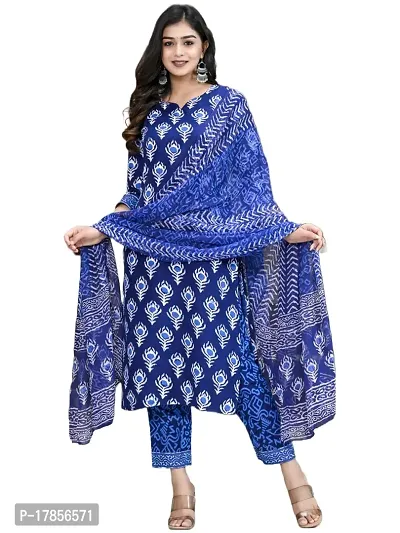 Stylish Womens Cotton Blend Floral Printed Straight Kurta With Pants And With Dupatta-thumb0