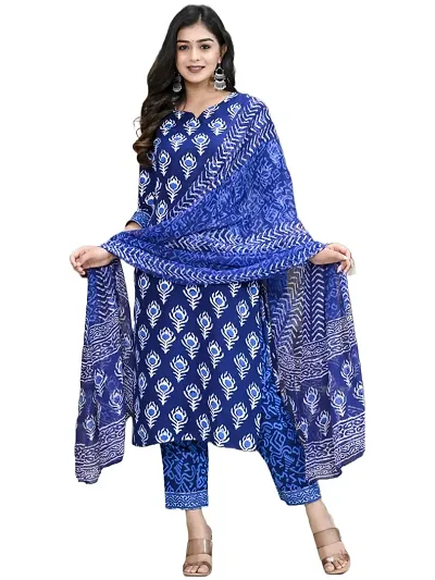 Stylish Cotton Straight Printed Kurta With Pant And Dupatta Set