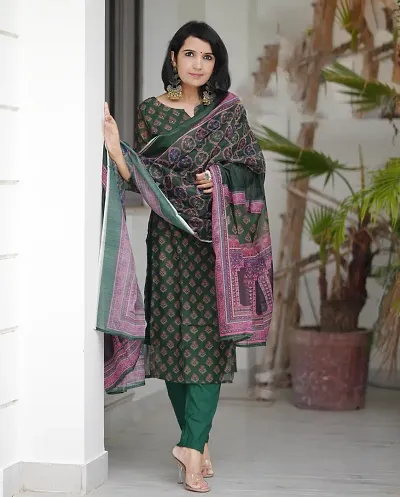 Stylish Rayon Printed Straight Kurtis Bottom and Dupatta Set