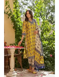 Straight Mustard Printed Cotton Blend Kurta, Bottom and Dupatta Set For Women-thumb2