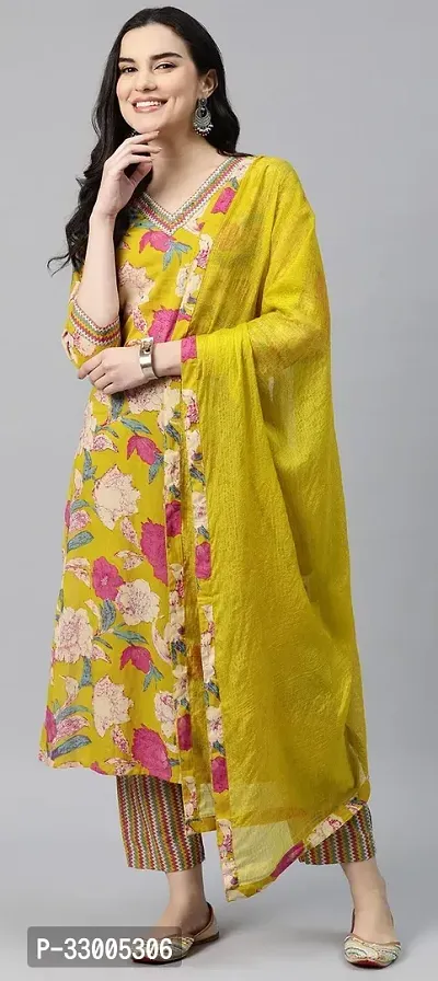 Stylish Mustard Rayon Floral Kurta Bottom and Dupatta Set For Women-thumb2