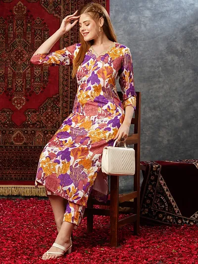 Stylish Cotton Blend Printed Straight Kurtis Bottom Set