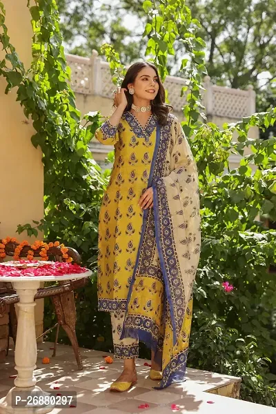 Beautiful Yellow Cotton Blend Kurta, Bottom and Dupatta Set For Women