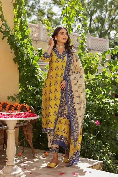 Trendy Cotton Blend Straight Printed Kurta with Bottom and Dupatta Set