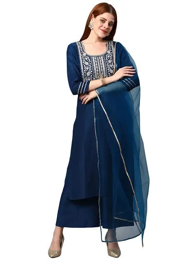 Stylish Womens Blend Solid Straight Kurta With Palazzos And Dupatta