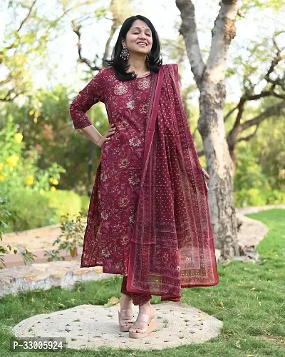 Stylish Maroon Rayon Floral Kurta Bottom and Dupatta Set For Women-thumb0