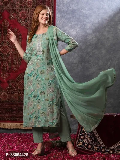 Stylish Green Rayon Floral Kurta Bottom and Dupatta Set For Women-thumb5