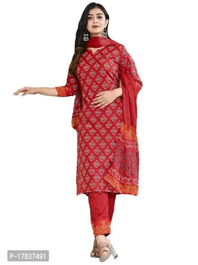 Stylish Womens Cotton Blend Floral Printed Straight Kurta With Pants And Dupatta-thumb0