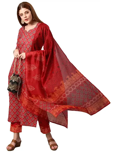 Stylish Cotton Straight Printed Kurta With Pant And Dupatta Set