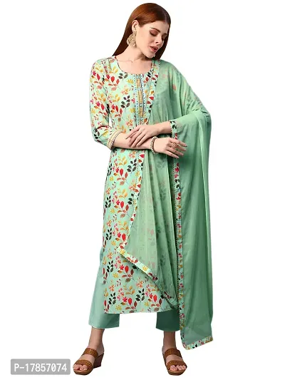 Stylish Womens Cotton Blend Printed Kurta And Pant With Dupatta Set-thumb0