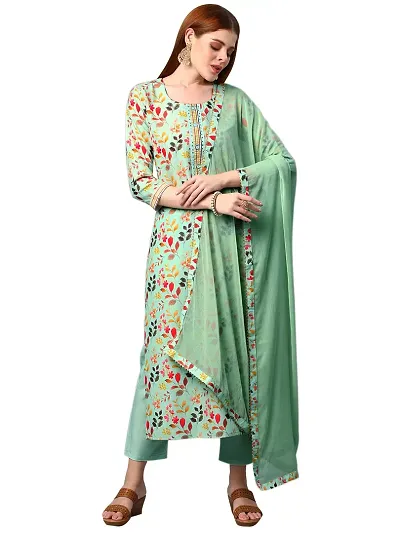 Stylish Cotton Straight Printed Kurta With Pant And Dupatta Set