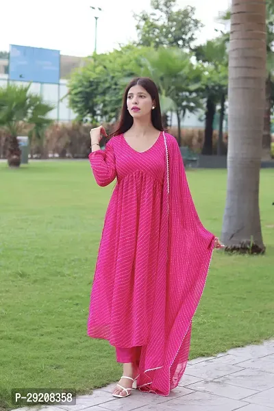 Stylish Georgette Lehriya Kurta With Bottom And Dupatta Set For Women