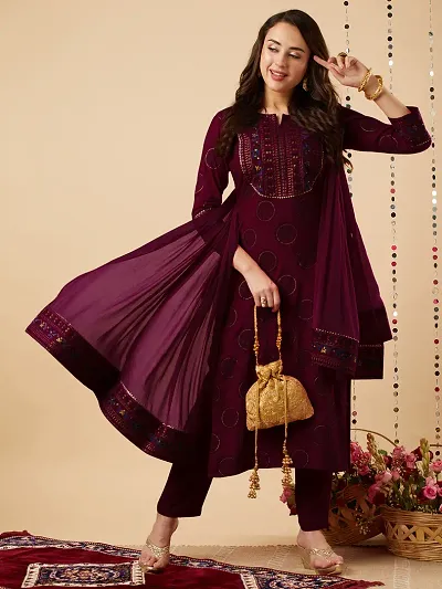 Stylish Rayon Printed Anarkali Kurtis Bottom and Dupatta Set