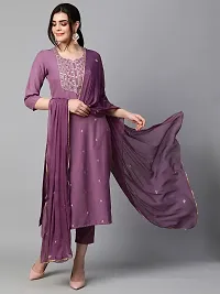 Stylish Poly Chiffon Purple Embroidered Kurta, Bottom and Dupatta Set For Women-thumb1