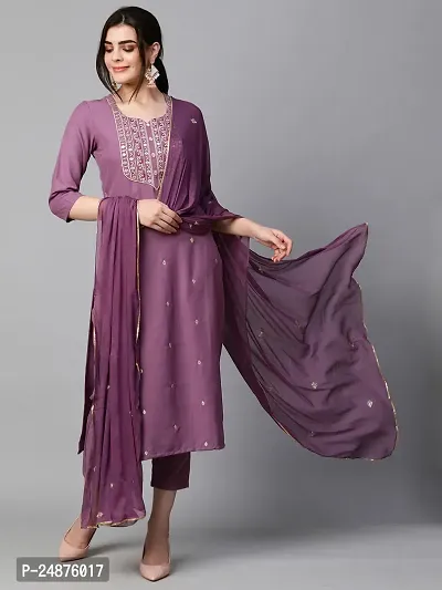 Stylish Poly Chiffon Purple Embroidered Kurta, Bottom and Dupatta Set For Women-thumb2