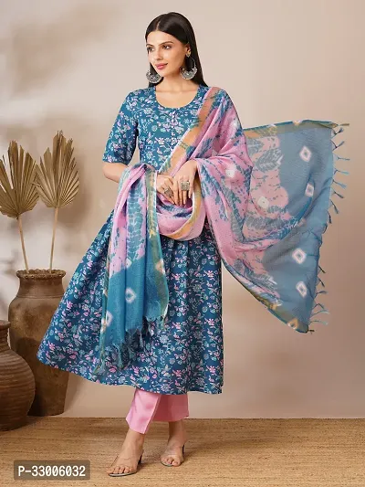 Stylish Blue Rayon Floral Kurta Bottom and Dupatta Set For Women-thumb0