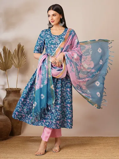 Stylish Rayon Printed Anarkali Kurtis with Bottom And Dupatta Set