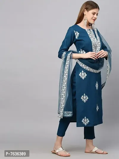 ANNI DESIGNER Women's Cotton Blend Straight Embroidered Kurta with Pant &amp; Dupatta (Weekend-New)-thumb4