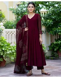 Anarkali Maroon Solid Cotton Blend Kurta, Bottom and Dupatta Set For Women-thumb2