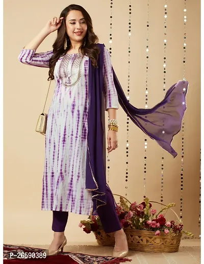 Trendy Purple Printed Cotton Blend Straight Kurta Pant With Dupatta-thumb0