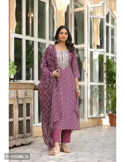 Trendy Magenta Printed Cotton Blend Straight Kurta Pant With Dupatta-thumb0