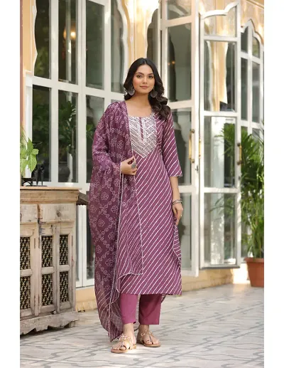 Trendy Printed Cotton Blend Kurta Pant With Dupatta