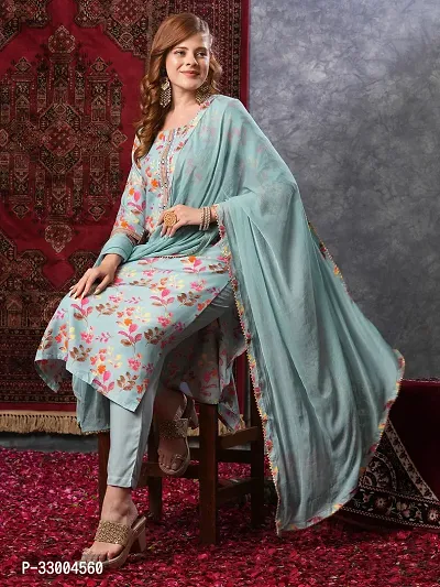 Stylish Turquoise Rayon Printed Kurta Bottom and Dupatta Set For Women