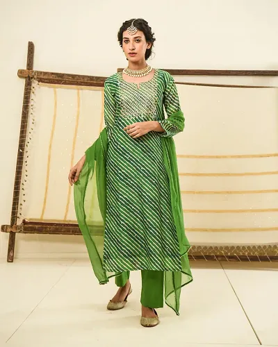 Stylish Cotton Blend Straight Printed Kurta With Bottom and Dupatta Set