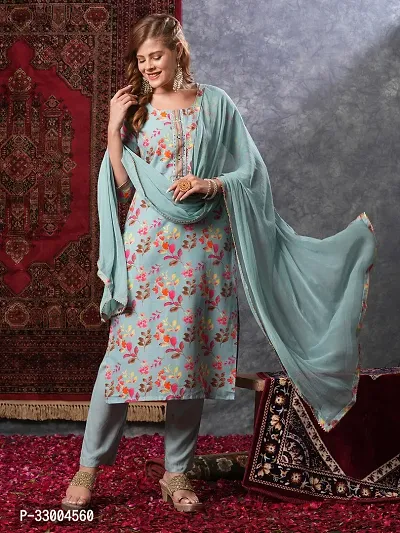 Stylish Turquoise Rayon Printed Kurta Bottom and Dupatta Set For Women-thumb4