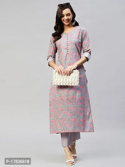 Stylish Womens Cotton Blend Straight Printed Kurta With Pant-thumb0