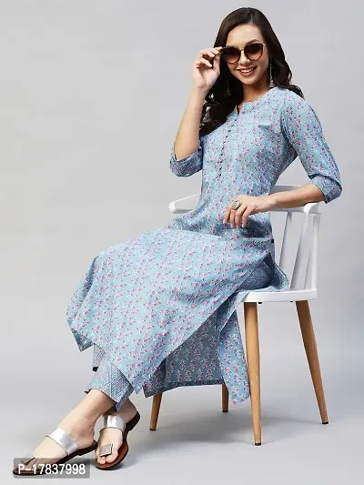 Stylish Womens Cotton Blend Traditional Straight Printed Kurta And Pant Set-thumb0