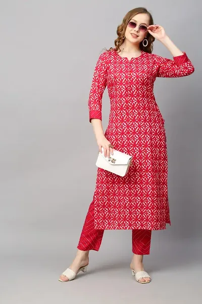 Stylish Cotton Blend Printed Kurta With Bottom Set