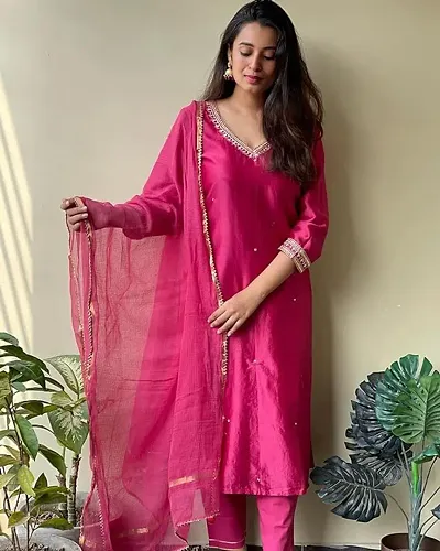 Stylish Embroidered Cotton Kurta, Bottom with Dupatta Set