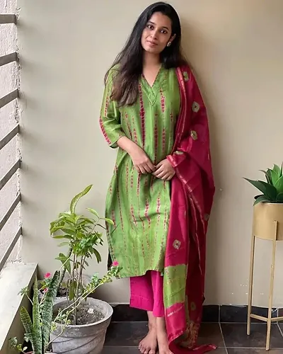 Bollywood Style Cotton Blend Kurta Bottom Dupatta Set