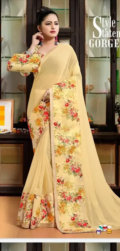 Peach-Coloured & Yellow Floral Printed Organza Saree– Inddus.in