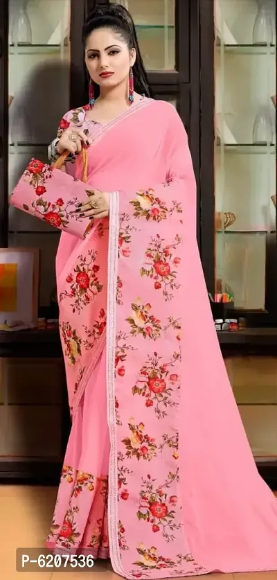 Stylish Georgette Pink Floral Printed Saree With Blouse Piece For Women-thumb0