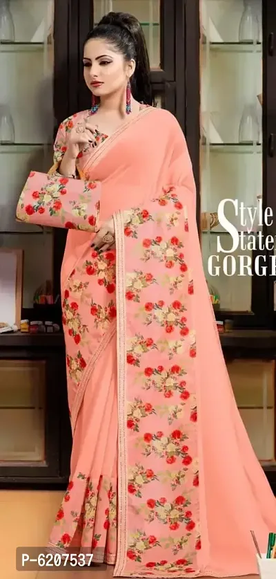 Stylish Georgette Peach Floral Printed Saree With Blouse Piece For Women