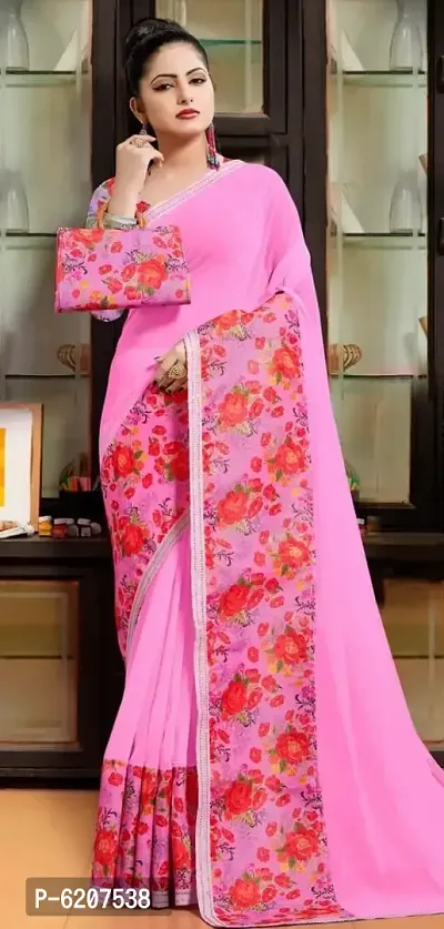 Stylish Georgette Pink Floral Printed Saree With Blouse Piece For Women