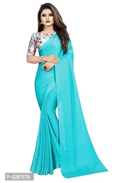 Stylish Chiffon Blue Solid Saree With Blouse Piece For Women