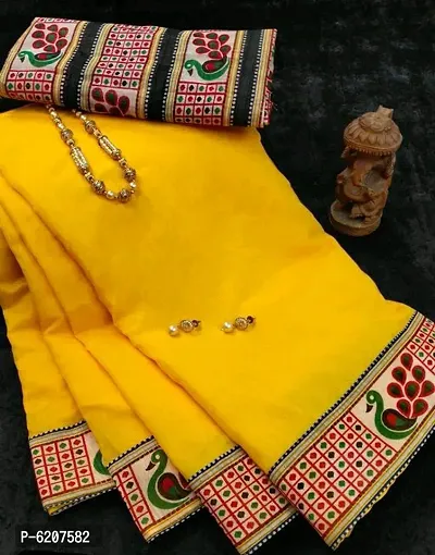 Stylish Cotton Blend Yellow Border Work Saree With Blouse Piece For Women