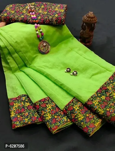 Stylish Cotton Blend Green Border Work Saree With Blouse Piece For Women